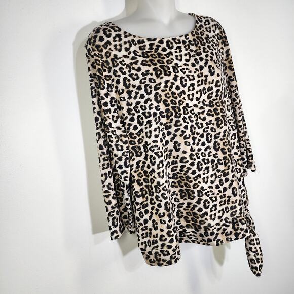Chico's Womens Top Leopard Print Side Tie Round Neck Knit Size 2 US Large 3/4 Sl - Picture 4 of 11